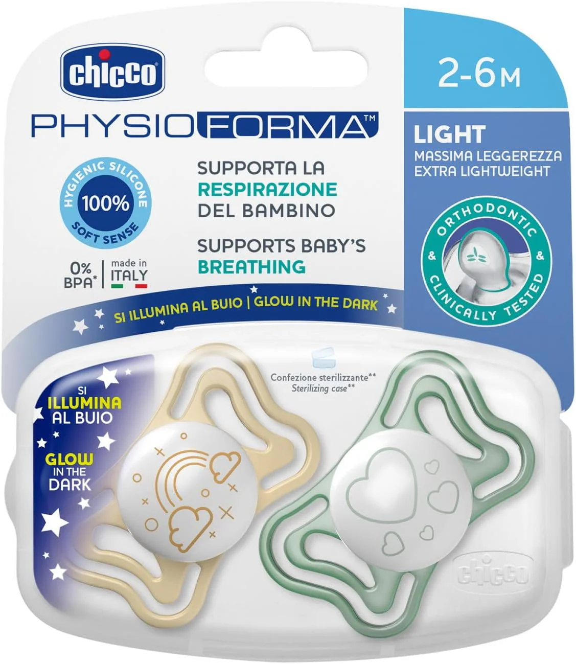 CHICCO - PHYSIO FORMA Light Πιπίλα Σιλικόνης για τη νύχτα 2-6m - 2τεμ
